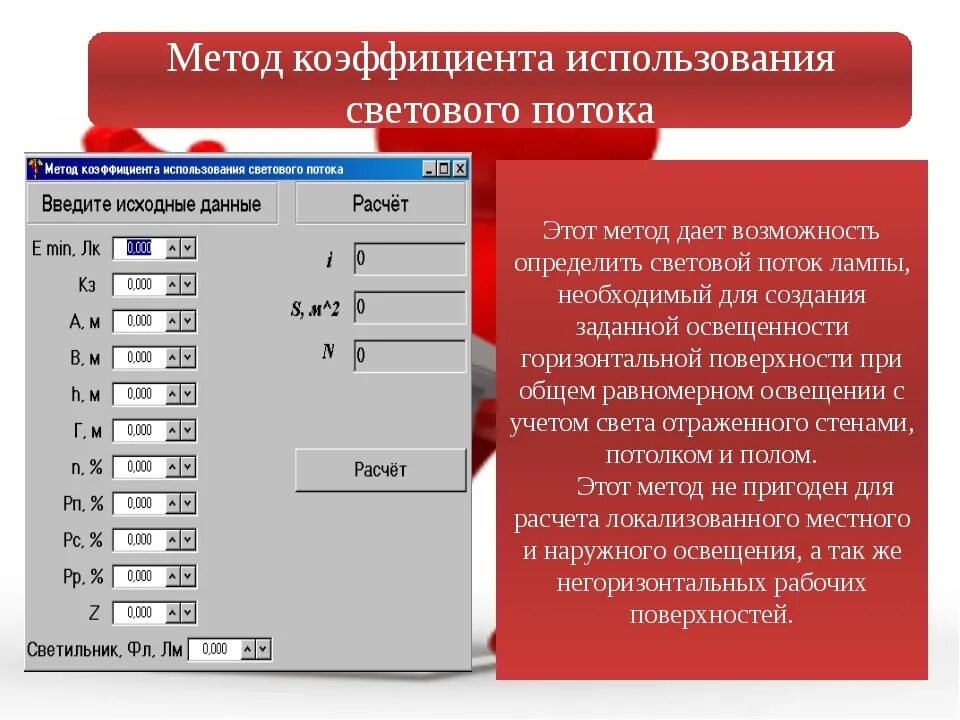 Метод коэффициента использования. Методы расчета светового потока. методу коэффициента использования светового потока. коэффициент использования освещенности. расчет освещения по коэффициенту использования.