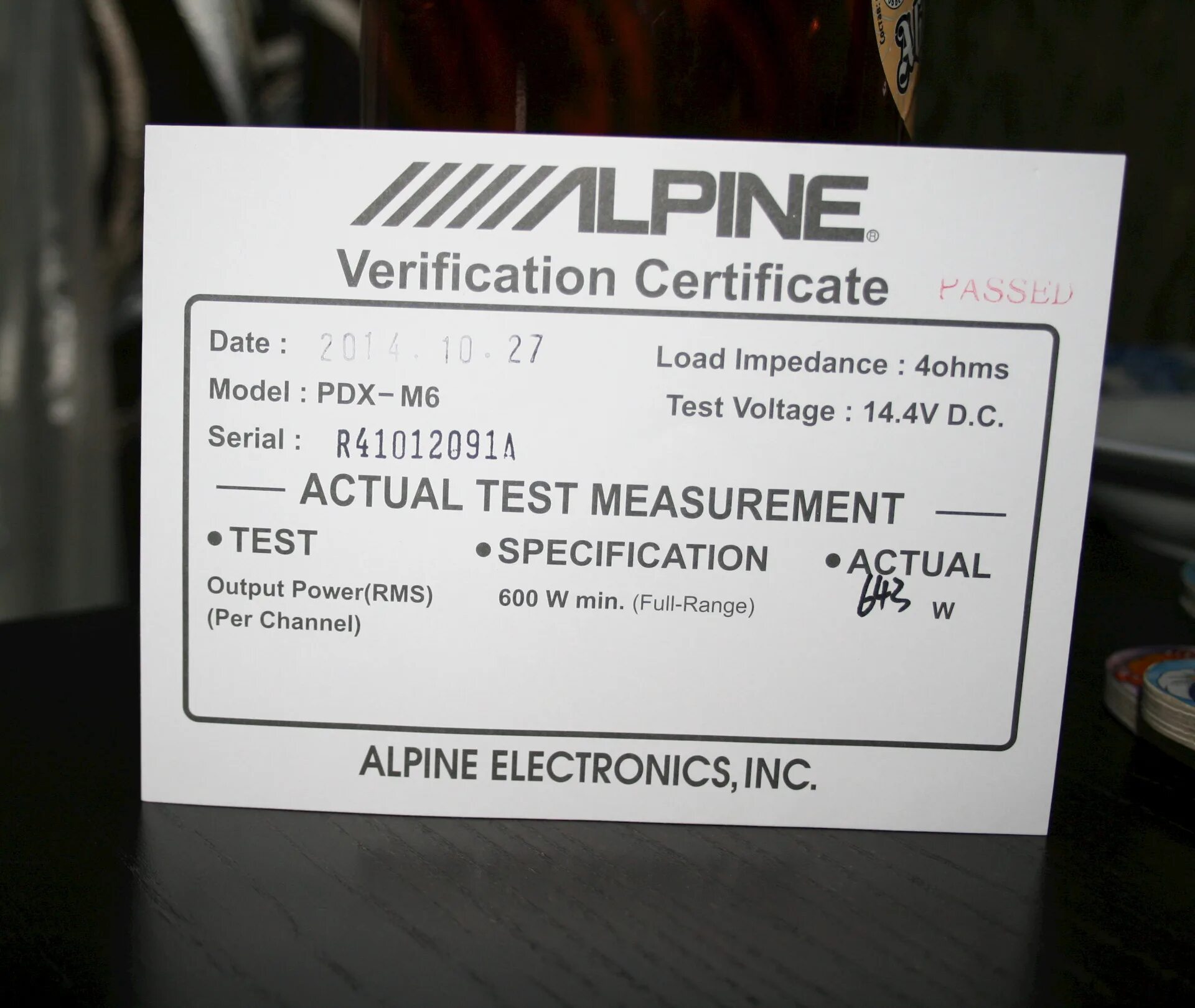 Alpine PDX 1.600. Delivery verification Certificate.