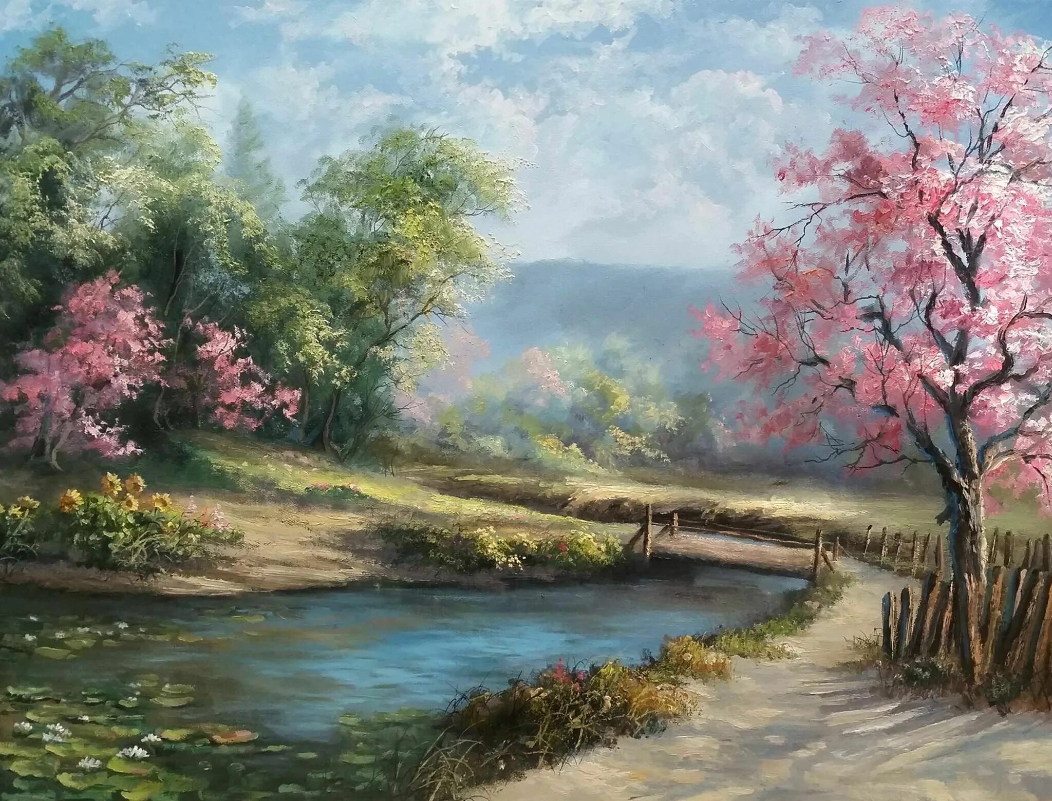 Painted landscape. Kevin Oil Painting картины. Уроки живописи пейзаж. Пейзаж Весна акрилом. Природа маслом для начинающих.