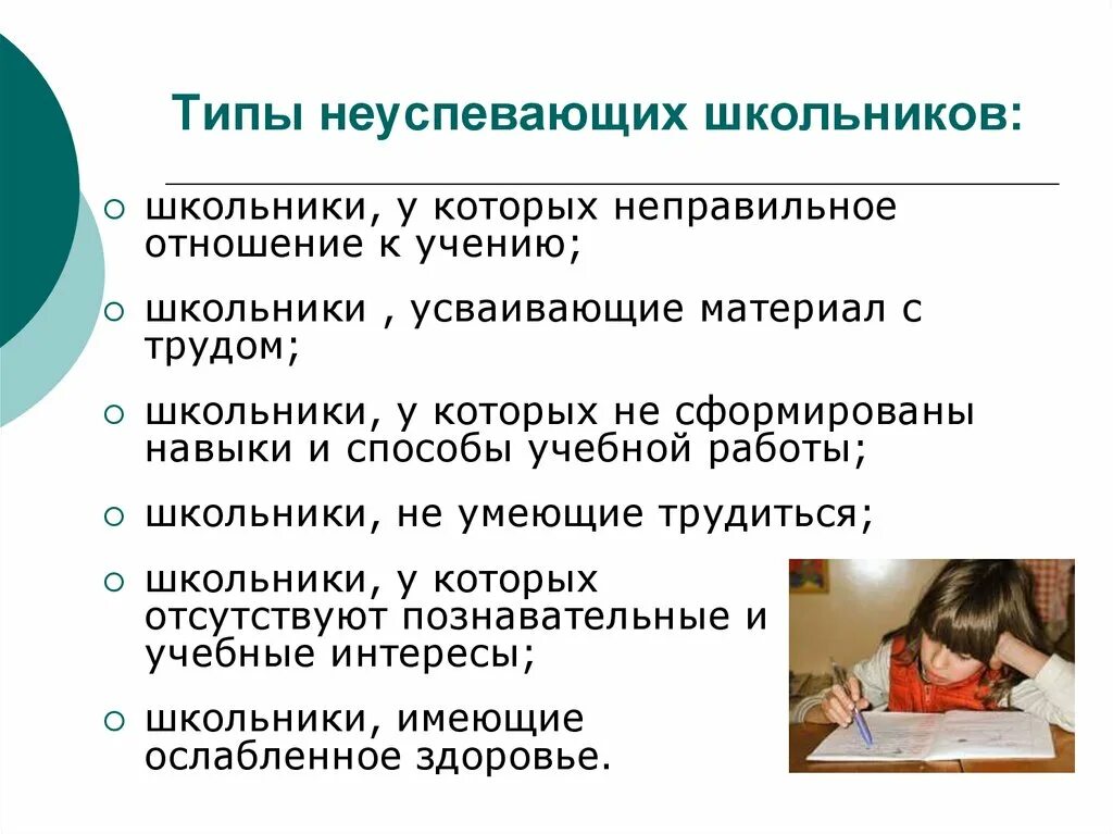 Причина неуспеваемости ученика. Типы неуспевающих школьников. Типы неуспевающих де ей. Причины неуспеваемости детей в школе. Типы отстающих учащихся.