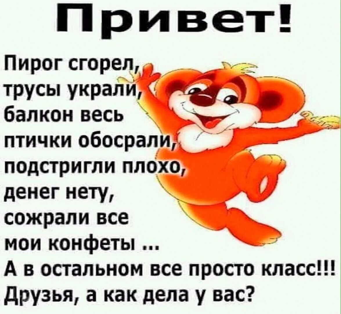 Как дела юмор. Привет юмор. пирог сгорел трусы украли балкон весь птички. как дела стихи. пирог сгорел трусы украли.