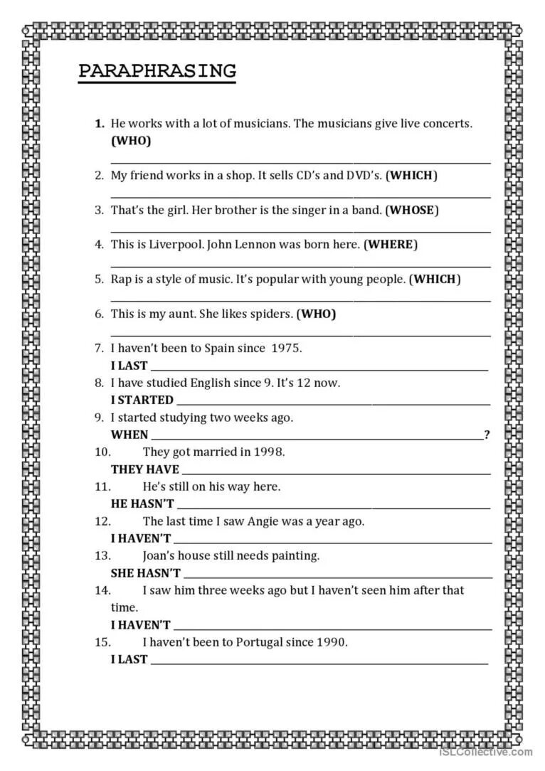 Rephrase the sentences. Paraphrasing Worksheet. Paraphrase the sentences Worksheets. Relative Clauses упражнения. Paraphrasing exercises Intermediate.