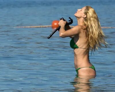 Michelle Hunziker was spotted in a green bikini with her dog on the beach i...