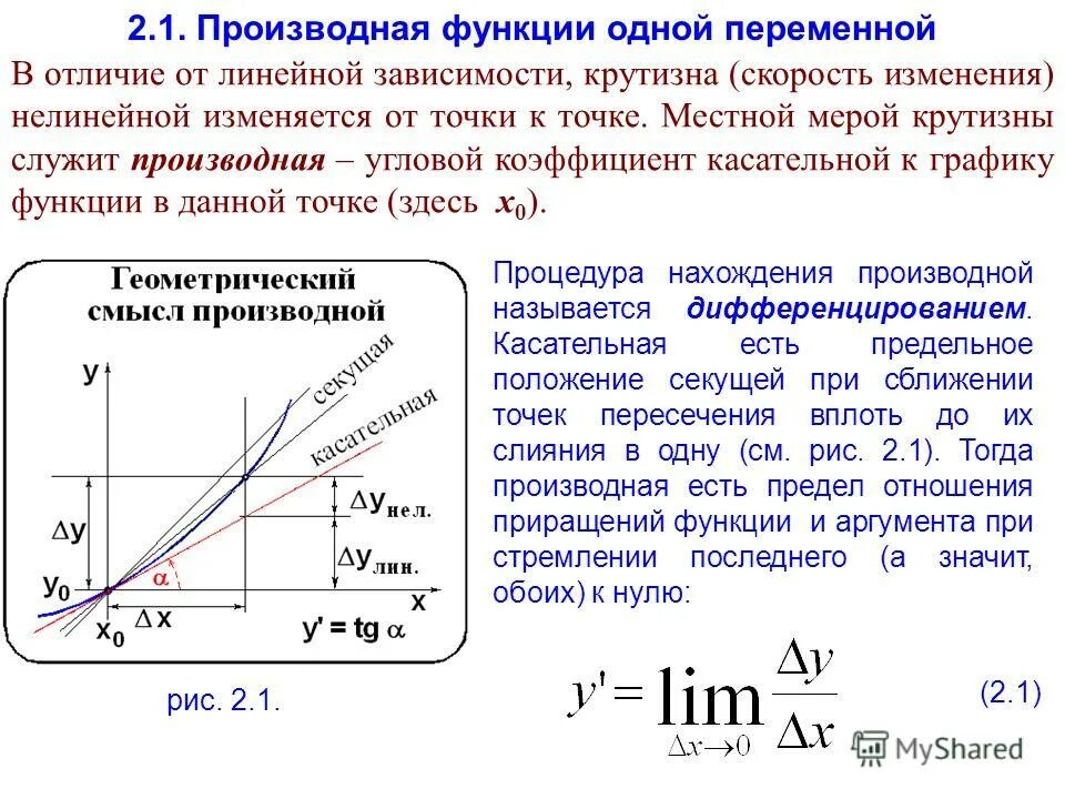 Производная функция урок. Понятие производной функции одной переменной. 1. Понятие производной функции. Производные функции одной переменной. Понятие производной функции одной вещественной переменной..