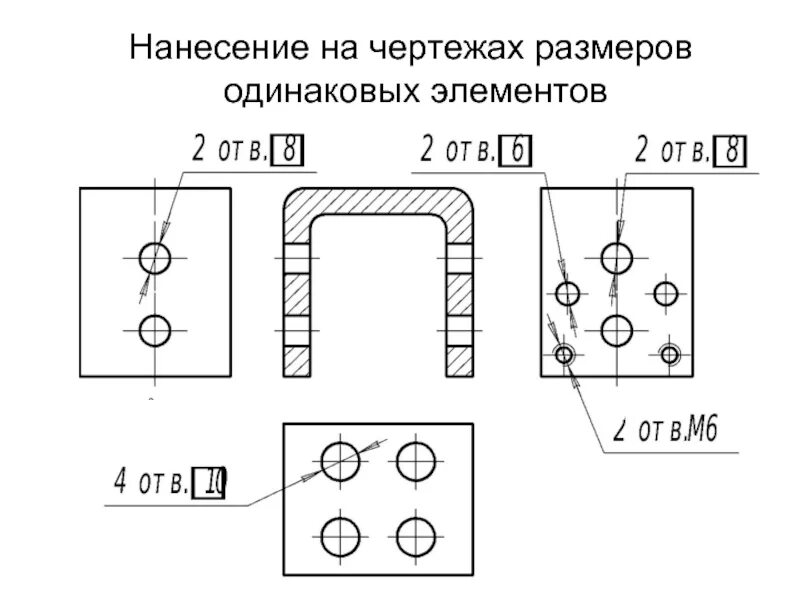 Размеры одинаковых элементов. Толщина на чертеже. Нанесение одинаковых размеров на чертеже. Нанесение размеров на чертежах ГОСТ 2.307-2011. Нанесение размеров одинаковых элементов.