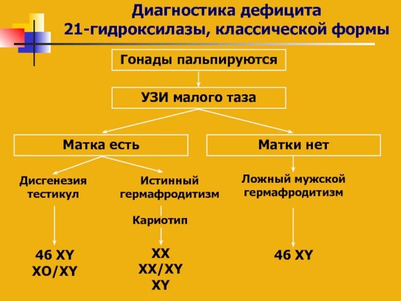 Дефицит 21 гидроксилазы. Классическая и неклассическая форма дефицита 21 гидроксилазы. адреногенитальный синдром недостаточности 21 гидроксилазы. ложный мужской гермафродитизм кариотип.