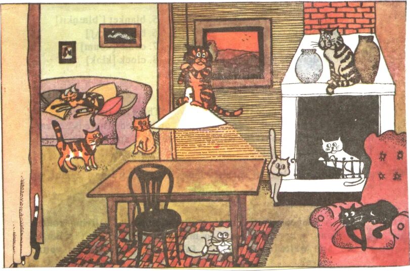 Жили в квартире 44. Сюжетные иллюстрации в комнате. Сюжетная картина в комнате. Картинка комнаты для описания. Предлоги места коты.