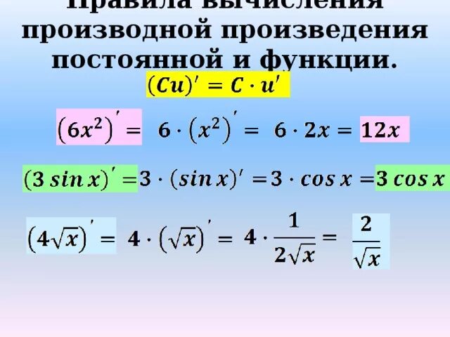 Производные функции формулы произведения. Производная произведения числа и функции. Формула нахождения производной умножения. Производная произведения примеры. Производная произведения функций примеры.