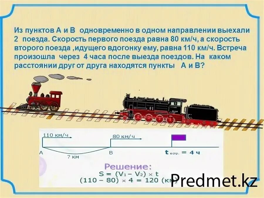 2 поезда выехали одновременно в 1 направлении. Задачи на движение. Решение задач на движение вдогонку. Задачи на движение вдогонку 4 класс. Задачи на движение 4 класс с решениями.