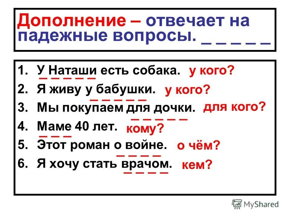 Какие вопросы у дополнения. Дополнение отвечает на вопросы. На какие вопросы отвечает дополнение. Вопросы на которые отвечает дополнение. Наакие вопросы отвечает дополнение.