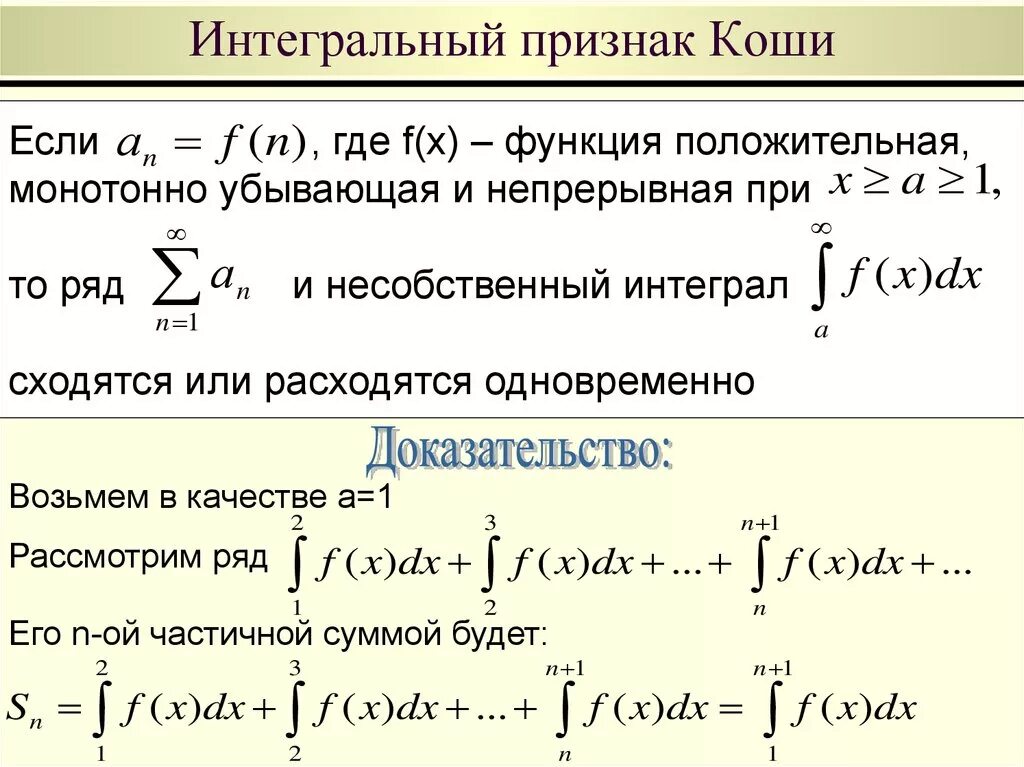 Сравнение интегралов. Интегральный признак сходимости Коши. Интегральный признак Коши сходимости ряда. Интегральный признак Коши - Маклорена. Интегральный признак Коши 2n+1.