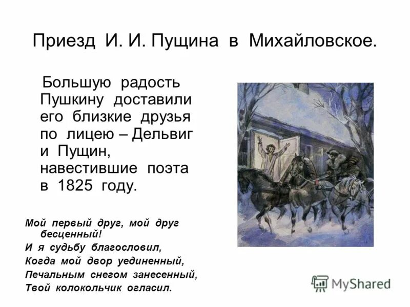 Приезд сообщение. Пушкин Михайловское 1824-1826. Приезд Пущина к Пушкину в Михайловское. Приезд Пущина в Михайловское 1825-1826. Картина приезд Пущина к Пушкину в Михайловское.