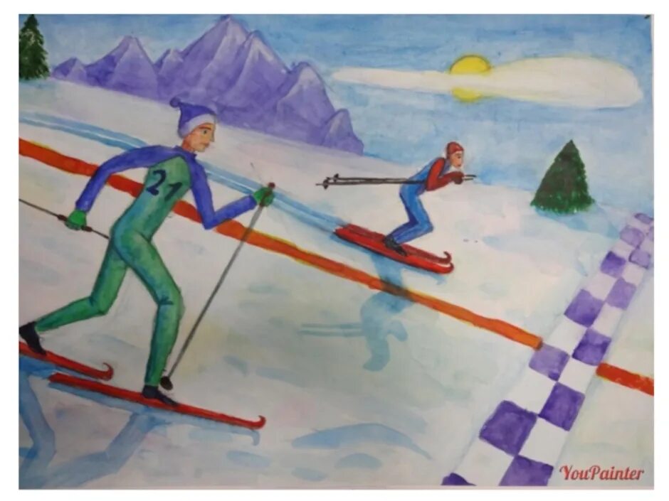Рисунок на спортивную тему. Зимний спорт рисунок. Рисунок на тему зимние виды спорта. Рисование лыжник. Лыжник 3 класс