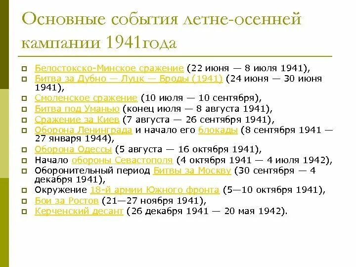 Даты событий великой отечественной войны 1941 1945