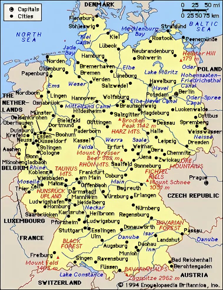 Географическая карта Германии. Подробная карта Германии. Карта Германии со всеми городами. Подробная карта Германии с городами и землями. Карта германии с городами на русском подробная