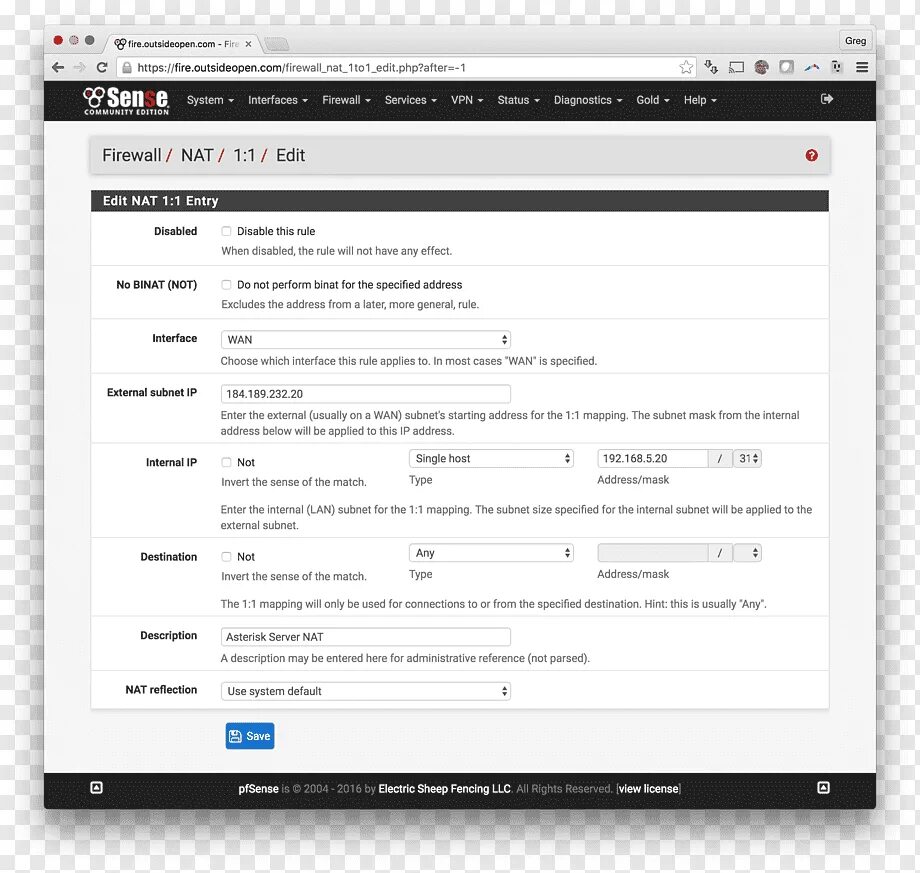 PFSENSE Asterisk. Asterisk за Nat. Nat 1:1 это. Enable Nat reflection for 1:1 Nat PFSENSE. Internal address