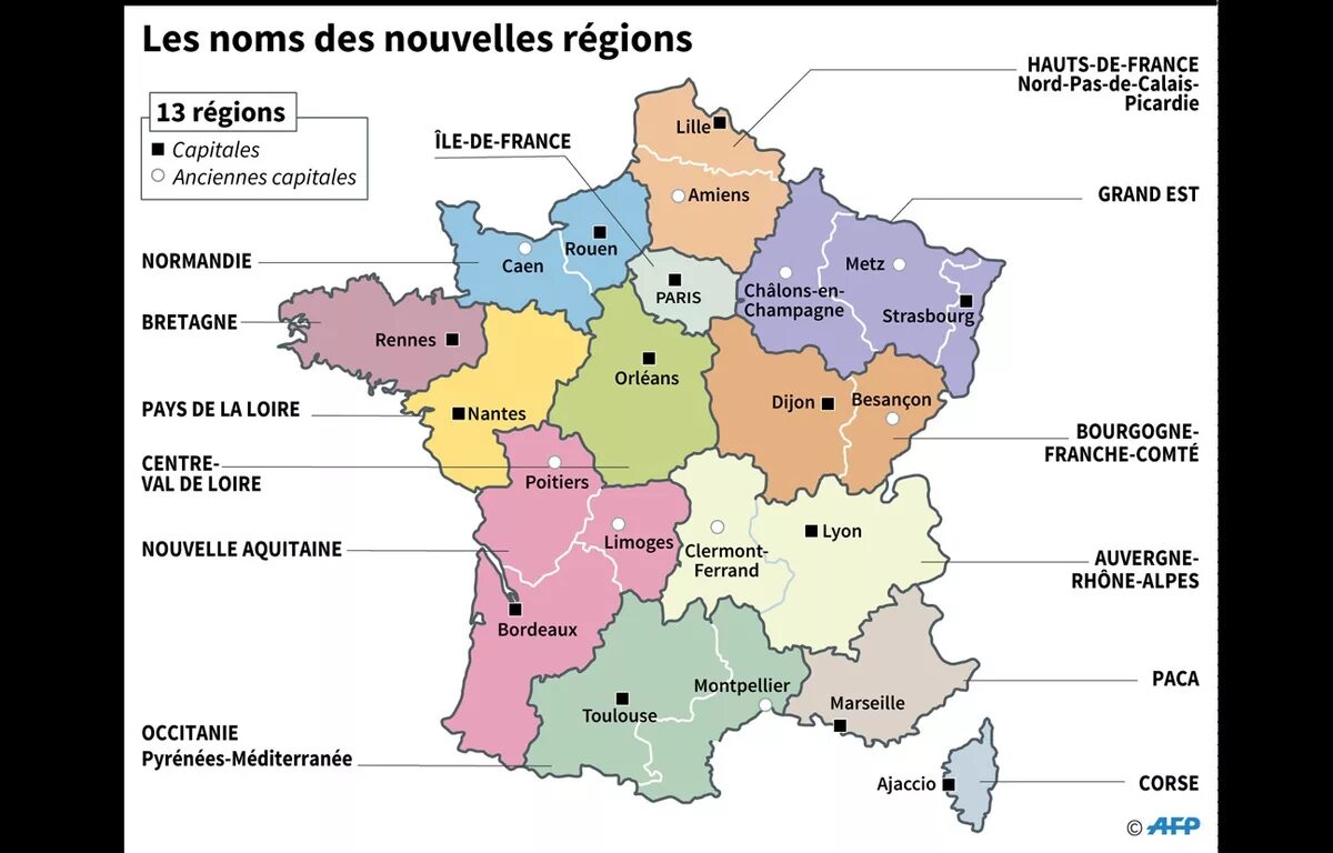 Область франции 5. 13 Регионов Франции на французском. Административная карта 13 регионов Франции. Территориальное деление Франции 13 регионов. Карта Франции с регионами и департаментами.