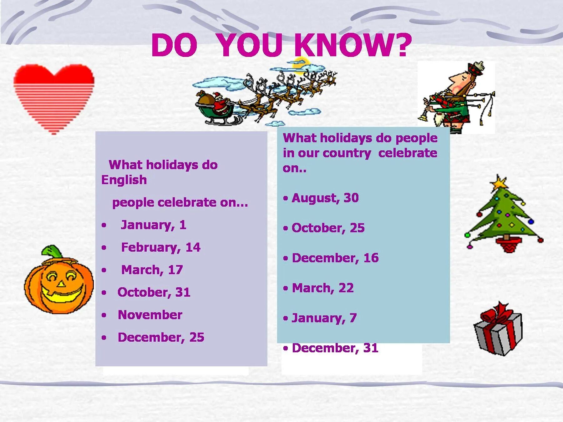 Holidays in your country. What Holidays do you know. What Holidays do you celebrate. What Minor Holidays do you know?. Holidays in our Country.