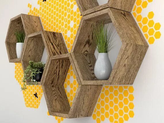 Полки соты на стену в интерьере Hand Crafted Custom Hexagon Shelf Shelving Honeycomb Etsy in 2022 Geometric sh