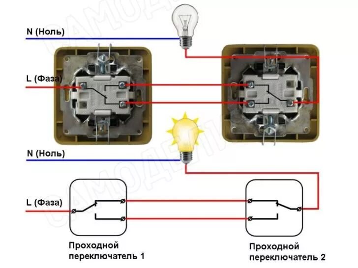 Подключить выключатель света на одну клавишу. Схема подключения двойного проходного переключателя. Схема включения проходного выключателя одноклавишного. Схема соединения проходного выключателя с 2 мест лампочки. Двойной проходной выключатель схема подключения на 2 лампы.