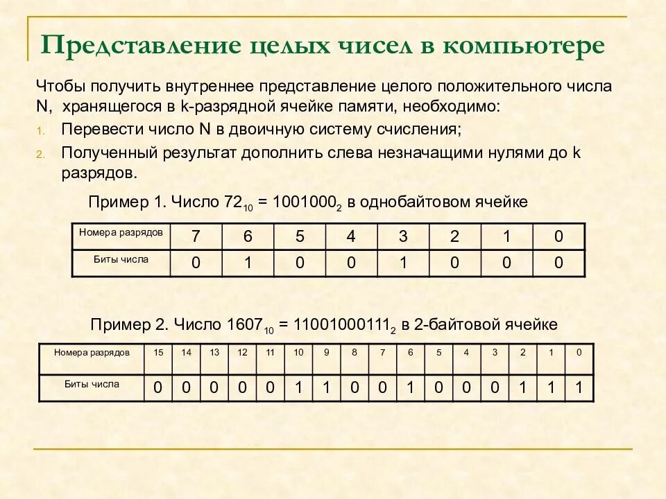 Количество ячеек памяти. Представление целых чисел 8 класс Информатика. Беззнаковое представление целых чисел в информатике это. Представление целых чисел в компьютере. Представление чисел в памяти компьютера.