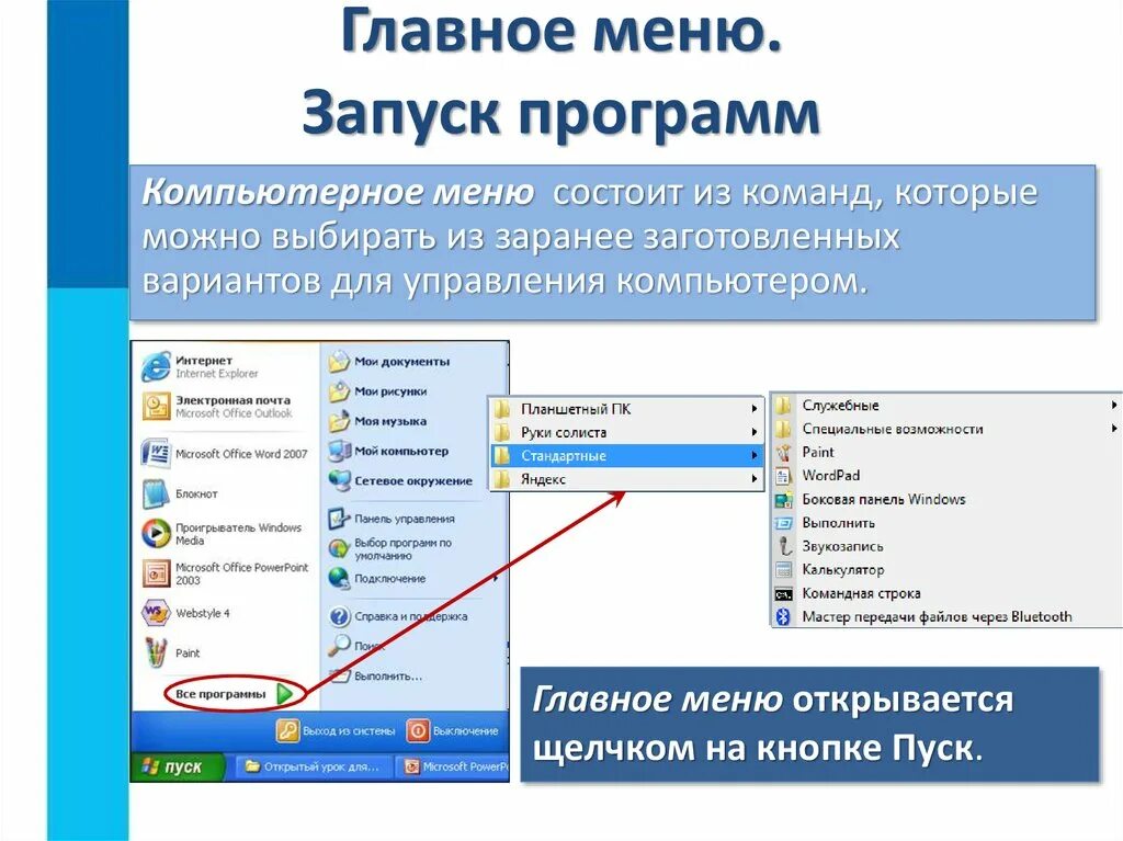 Урок компьютерные программы. Запуск программы. Главное меню. Программы главного меню. Стандартные программы на компьютере.