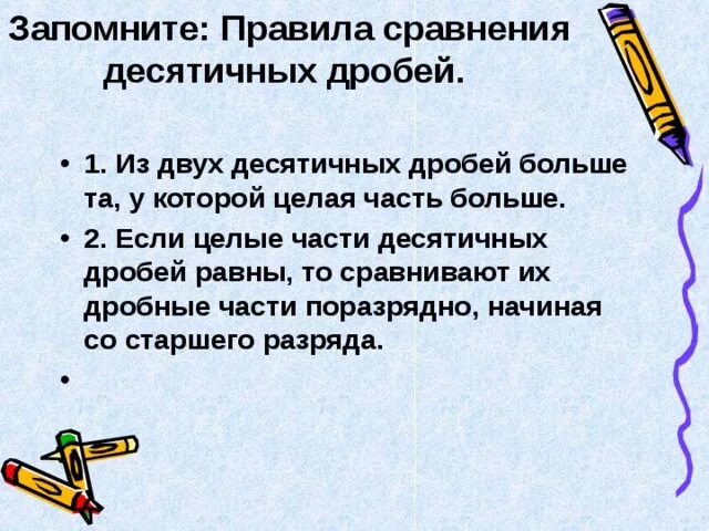 Сравнение десятичных дробей закрепление. Из двух десятичных дробей больше та у которой целая часть больше. Правила сравнения десятичных дробей. Из двух частей десятичных дробей больше та у которой. Из двух десятичных дробей больше.