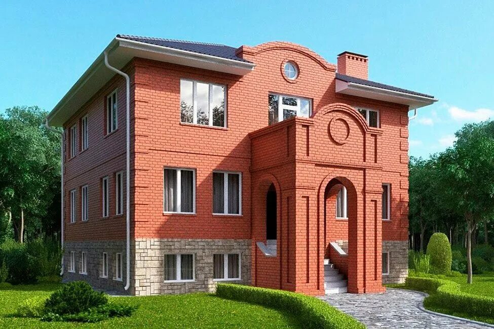 Кирпичный домик. Двухэтажный дом из красного кирпича. Дом из керамических блоков. Трехэтажный кирпичный дом.