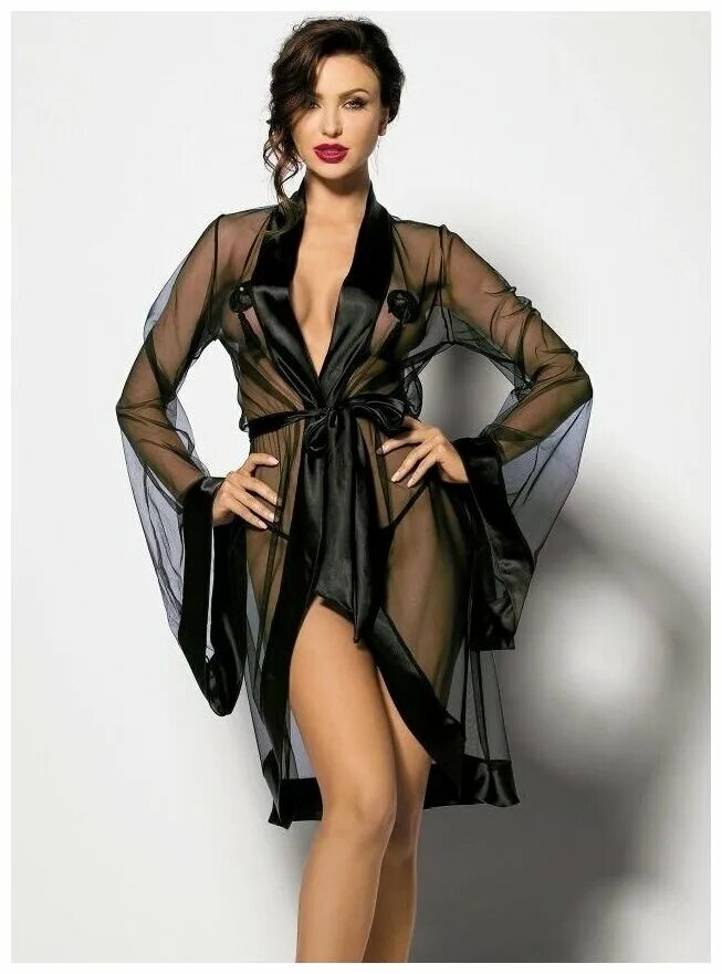 женщина в прозрачном пеньюаре. Suwen пеньюар 2021. кружевной пеньюар. черный прозрачный пеньюар. гипюровый халат.