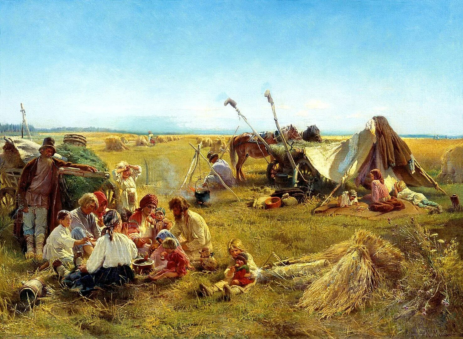 Крестьянский обед в поле. 1871 Маковский. Разгар темы