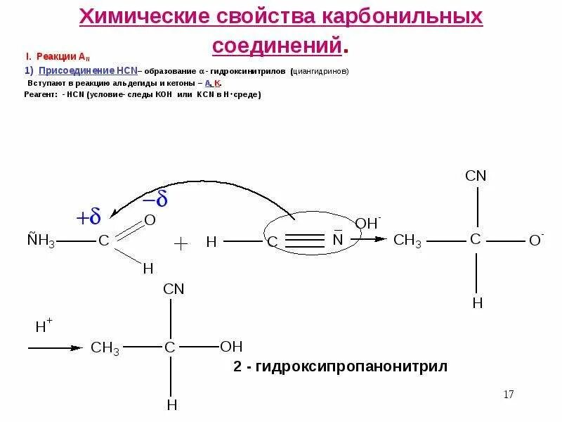 Карбонильные соединения реакции присоединения. Химические свойства карбонильных соединений. Циангидрины. Реакция образования гидроксинитрила.