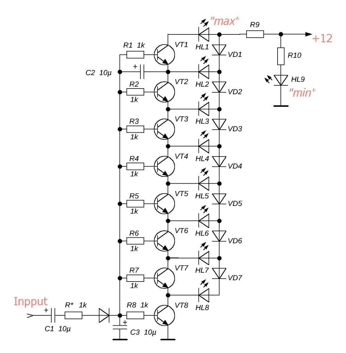 Светодиодная шкала индикатор схема. Светодиодные индикаторы на микросхемах an 6884. Схема линейного индикатора напряжения. Схема светодиодный индикатор напряжения 12в. Схема светодиодного индикатора