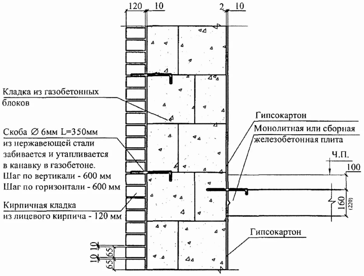 Армирование кирпичной кладки чертеж. Узел армирования стены из газобетона. Чертеж газобетонной стены узел. Схема армирования газобетонной кладки. Устройство газоблока