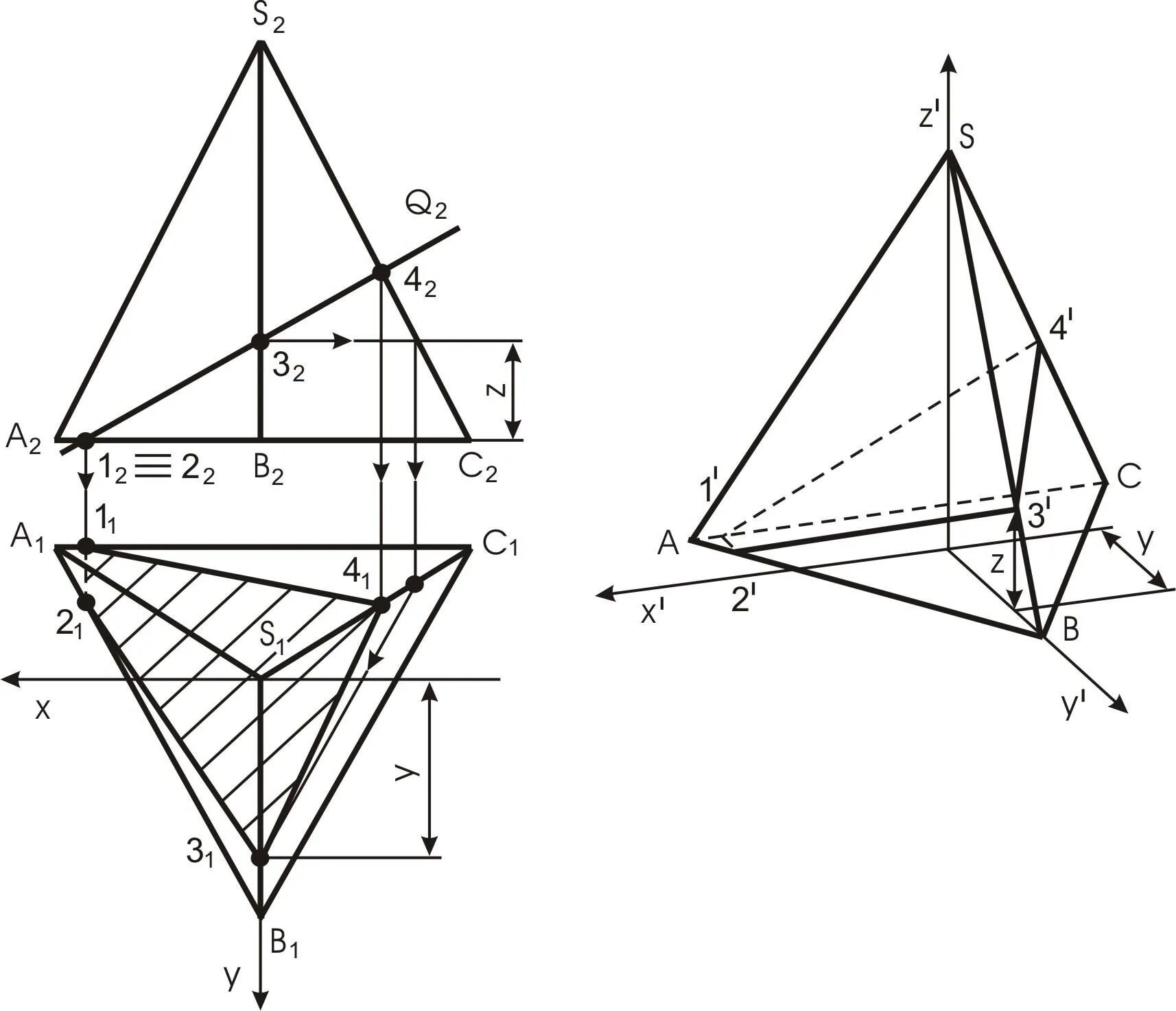 Сечение пирамиды Начертательная геометрия. Начертательная геометрия проекция пирамиды. Аксонометрическая проекция пирамиды. Сечение плоскостью Начертательная геометрия.