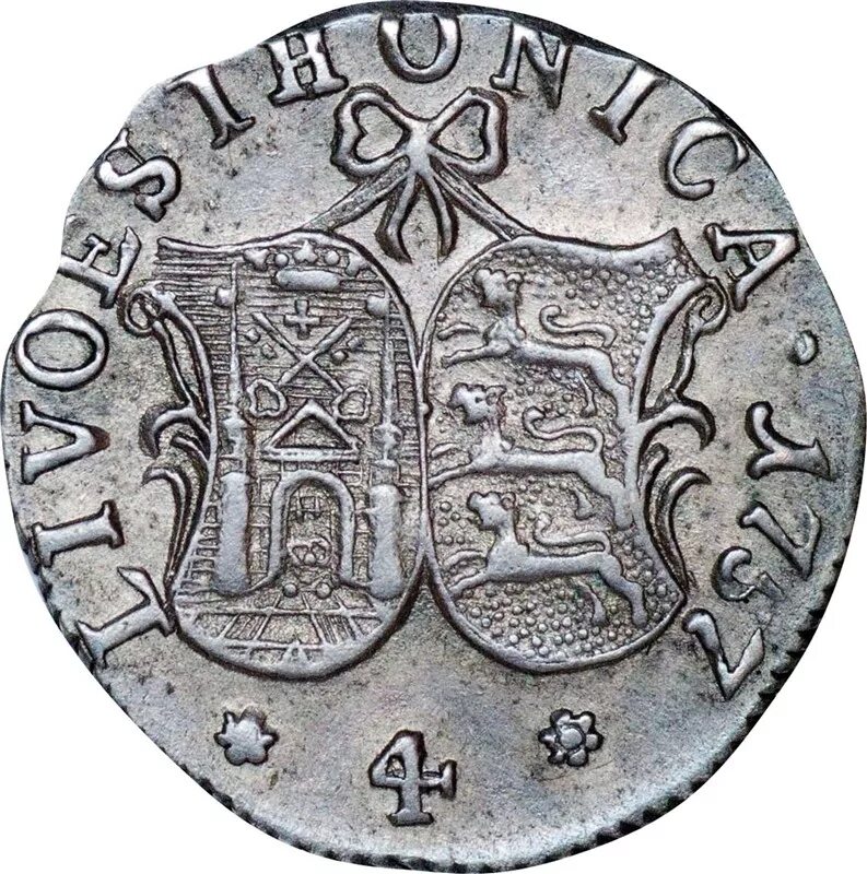 Серебряная монета 4. Монета Livoesthonica 1757. Монета Ливонез. 4 Копейки Елизаветы. 4 Копейки Ливонез.