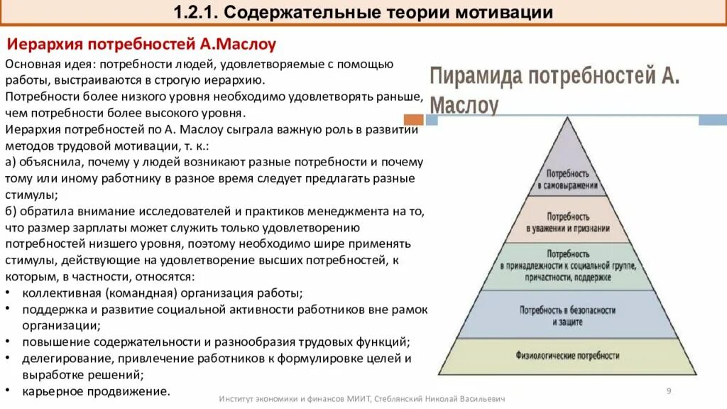 1) Мотивация и иерархия потребностей по теории Маслоу. Теория мотивации персонала Маслоу. Роль содержательные теории мотивации. Роль мотивации в управлении по теории Маслоу. 1 группа мотивации