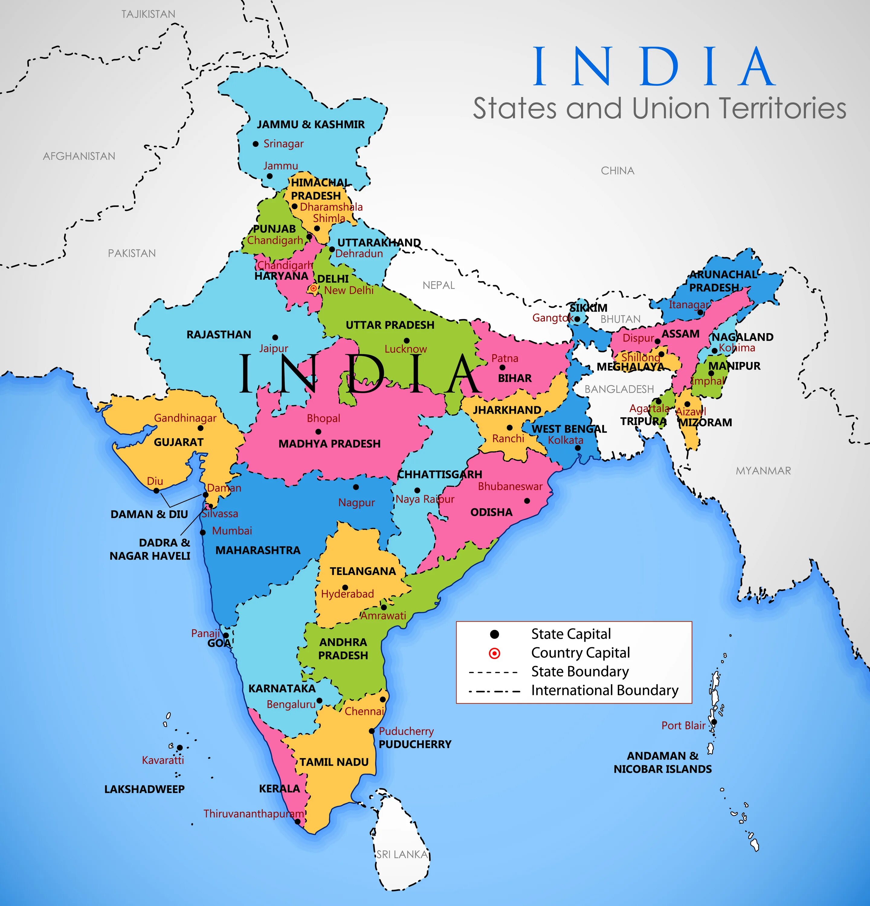 Сколько стран в индии. Государство Индия на карте. Границы Индии на карте. Штаты Индии на карте.