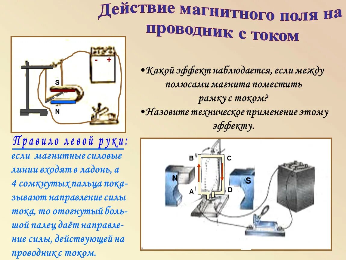 На какие физические объекты действует магнитное поле. Действие магнитного поля на проводник с током электрическая схема. Действие магнитного поля на проводник с током 8 класс физика. Магнитное поле действующее на проводник с током. Дейстрие магнитное поля на проводник с током.