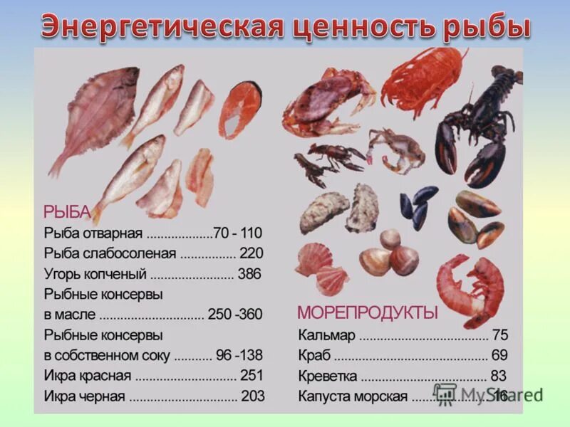 Рыба состав белки. Энергетическая ценность рыбы. Пищевая ценность рыбы по видам. Пищевая ценность морепродуктов таблица. Содержание жира в рыбе таблица.