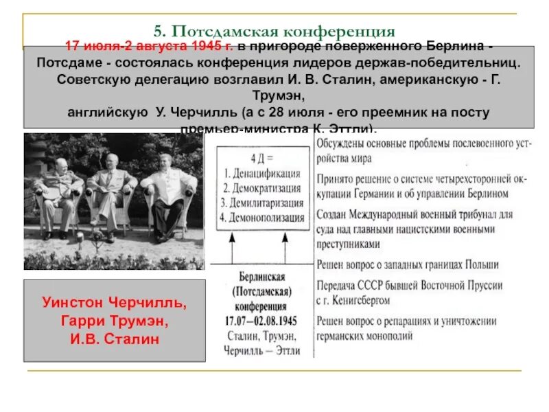 На потсдамской конференции были приняты следующие решения. Потсдамская конференция 1945г итоги. Решения Потсдамской конференции 1945 г. 4 Д Потсдамская конференция. Потсдамская конференция (17 июля – 2 августа 1945 г.).