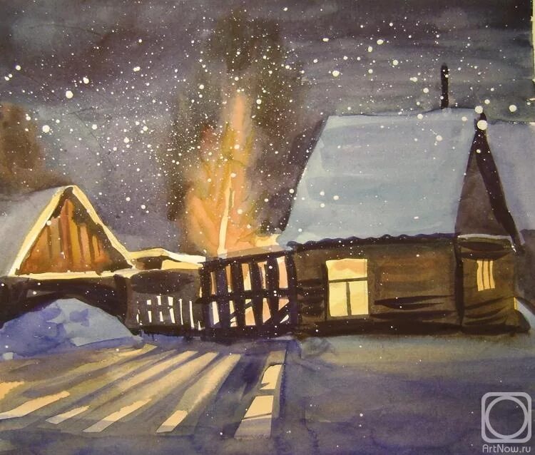 Ю в поздним вечером. Деревня зимой. Зимний домик гуашью.