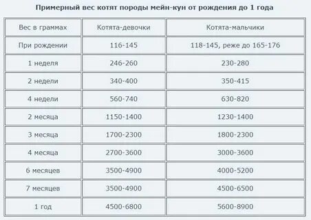 Таблица роста мейн куна