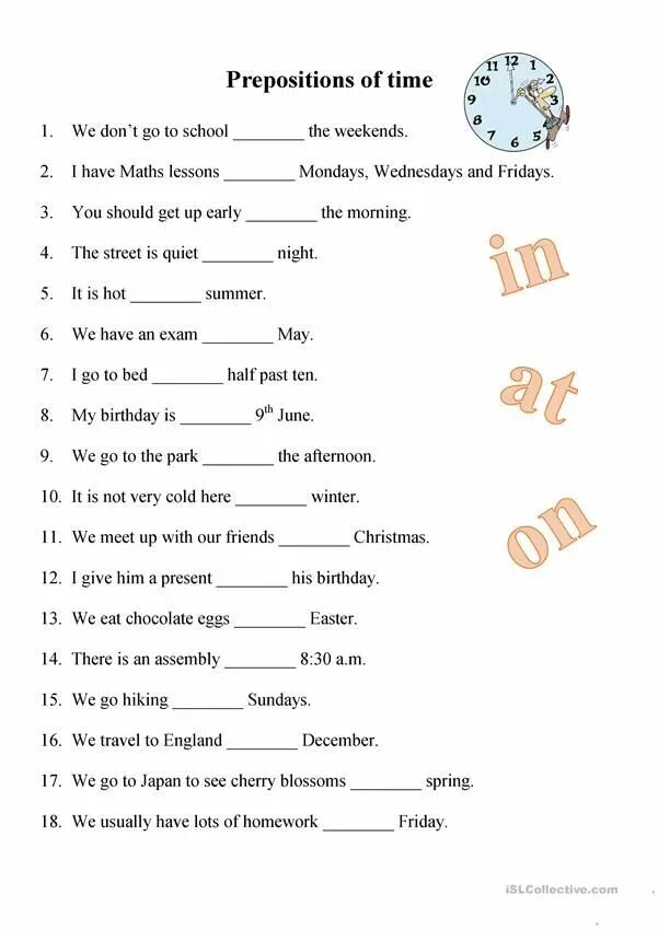 In on at в английском языке упражнения. In on at в английском языке Worksheets. Prepositions of time в английском языке Worksheets. Предлоги at in on в английском языке упражнения.