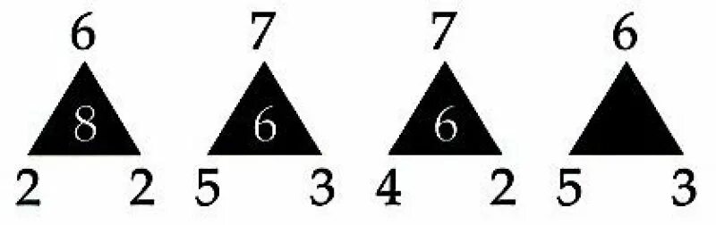 Какая цифра должна быть в черном треугольнике. Головоломка треугольник с цифрами. Задача с треугольниками и цифрами. Недостающее число в треугольнике.