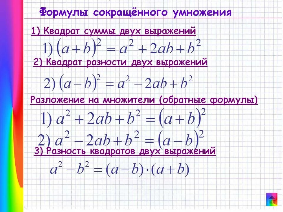 Квадрат суммы и квадрат разности двух выражений формулы. Формула сокращенного умножения квадрат суммы и квадрат. Формулы Алгебра 7 кл квадрат разности. Формула сокращенного умножения разность квадратов.