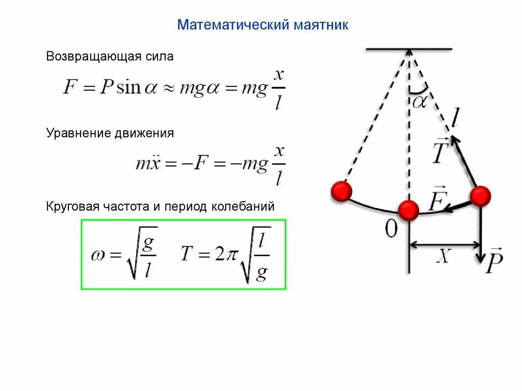 Формула колебаний математического маятника. Колебания математического маятника схема. Формула математического маятника физика 9 класс. Уравнение математического маятника формула.