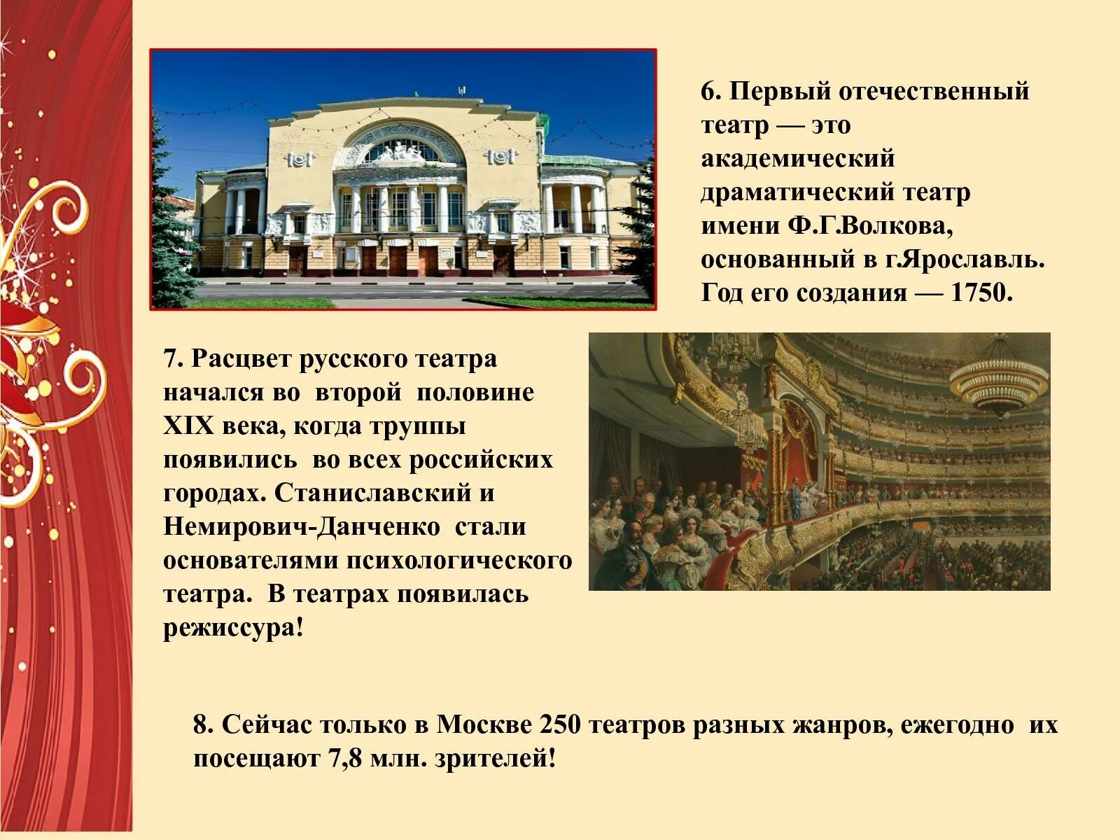 Современный театр кратко. Театр в Ярославле Волкова доклад. Театр драмы Волкова доклад. Театр драмы имя ф. г. Волкова года основания. Первый русский театр Волкова.