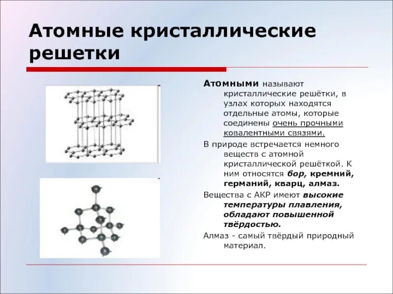 Вещества с атомной кристаллической решеткой. Атомная решетка. Кристаллическая решетка. Атомная кристаллическая решетка. В узлах кристаллических решеток находятся молекулы