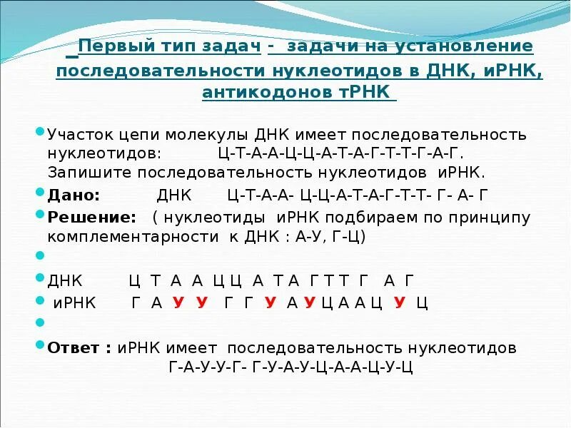 Смысловая цепь днк это. ДНК А---Г---Ц Т А---Ц Г---Т ИРНК. ДНК ИРНК ТРНК задачи. Цепочка ДНК ИРНК ТРНК. Задачи на установление последовательности нуклеотидов.