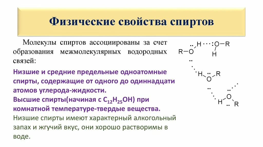 Схема образования водородной связи в спиртах. Способность низших спиртов к образованию водородных связей. Водородная связь ее влияние на физические свойства спиртов. Водородная связь между молекулами альдегидов